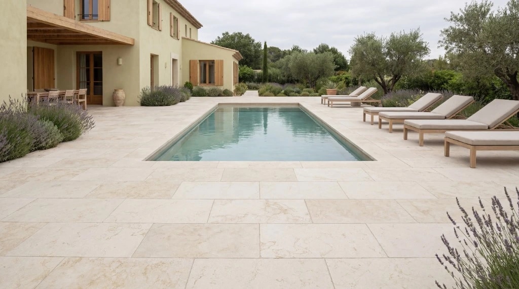 Pool and terrace paved in natural stone at a Mediterranean villa